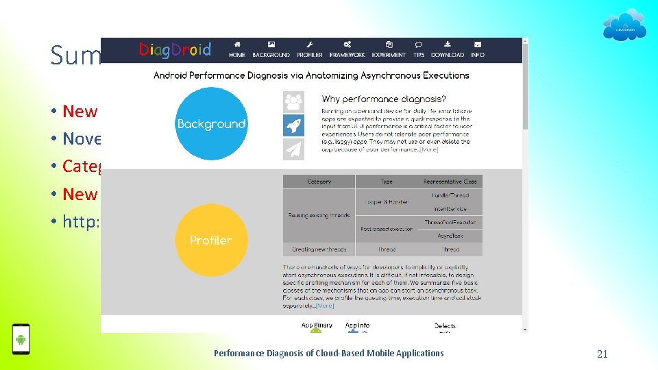 Summary of Diag. Droid • New type of performance issues • Novel diagnosing framework: