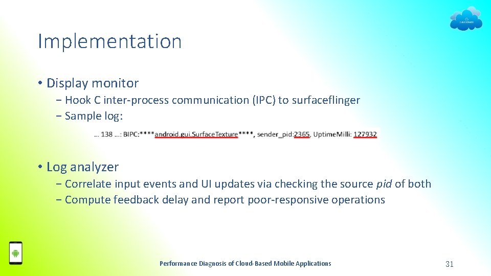 Implementation • Display monitor − Hook C inter-process communication (IPC) to surfaceflinger − Sample