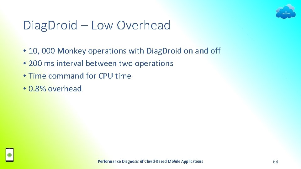 Diag. Droid – Low Overhead • 10, 000 Monkey operations with Diag. Droid on