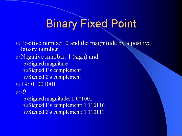 Binary Fixed Point Positive number: 0 and the magnitude by a positive binary number Binary Fixed Point Positive number: 0 and the magnitude by a positive binary number