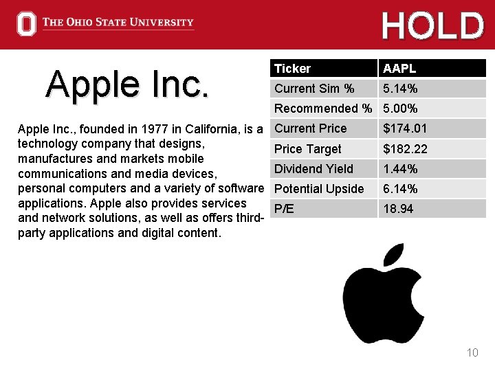 HOLD Apple Inc. , founded in 1977 in California, is a technology company that