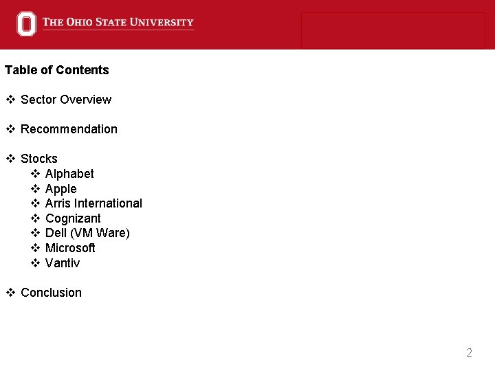 Table of Contents v Sector Overview v Recommendation v Stocks v Alphabet v Apple