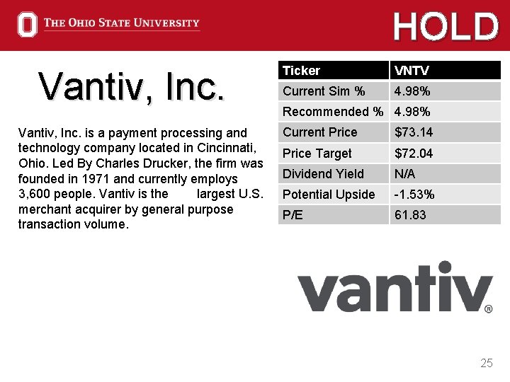 HOLD Vantiv, Inc. is a payment processing and technology company located in Cincinnati, Ohio.