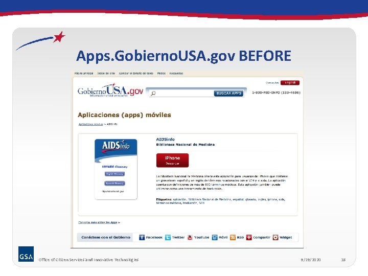 Apps. Gobierno. USA. gov BEFORE Office of Citizen Services and Innovative Technologies 9/29/2020 18