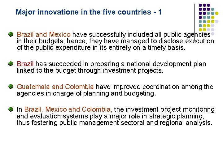 Major innovations in the five countries - 1 Brazil and Mexico have successfully included