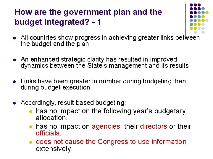 How are the government plan and the budget integrated? - 1 l All countries