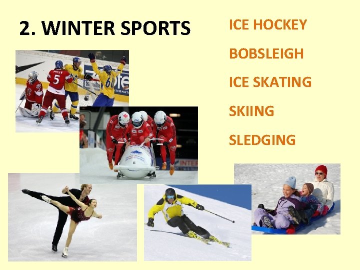 2. WINTER SPORTS ICE HOCKEY BOBSLEIGH ICE SKATING SKIING SLEDGING 