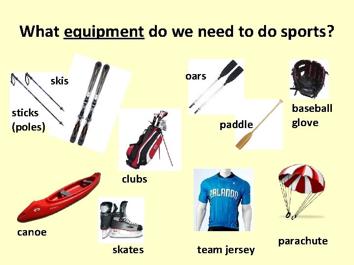 What equipment do we need to do sports? oars skis sticks (poles) paddle baseball