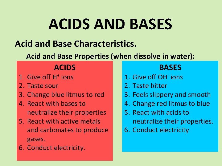 ACIDS AND BASES Acid and Base Characteristics. Acid and Base Properties (when dissolve in