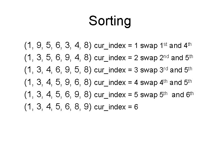 Sorting (1, 9, 5, 6, 3, 4, 8) cur_index = 1 swap 1 st