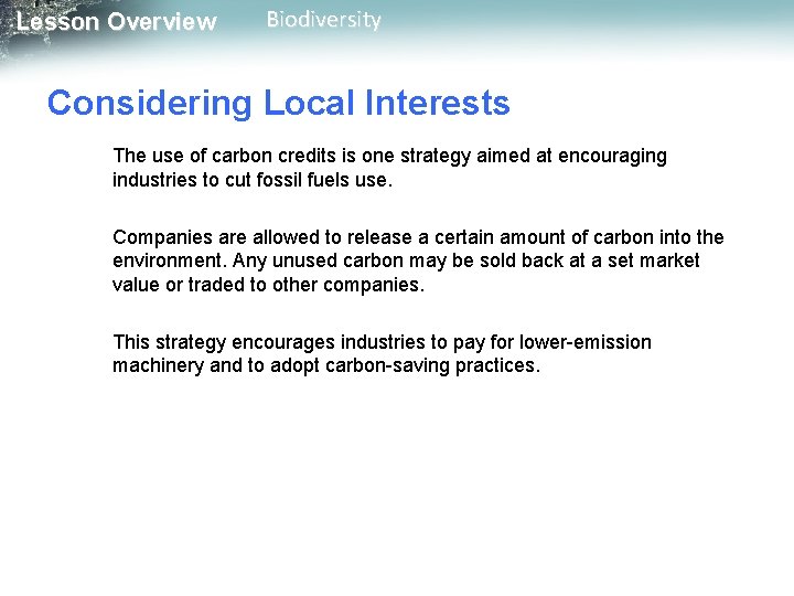 Lesson Overview Biodiversity Considering Local Interests The use of carbon credits is one strategy