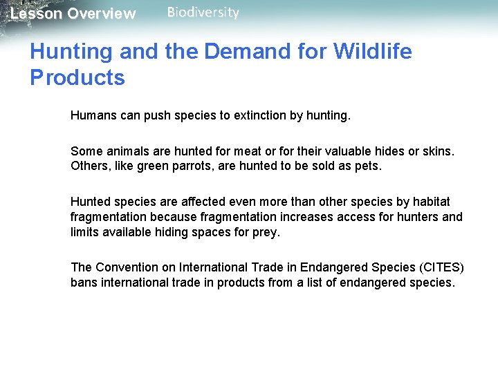 Lesson Overview Biodiversity Hunting and the Demand for Wildlife Products Humans can push species