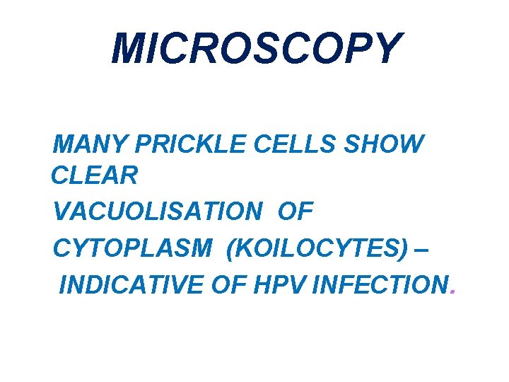 MICROSCOPY MANY PRICKLE CELLS SHOW CLEAR VACUOLISATION OF CYTOPLASM (KOILOCYTES) – INDICATIVE OF HPV