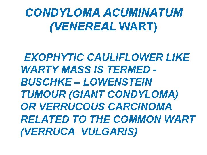 CONDYLOMA ACUMINATUM (VENEREAL WART) EXOPHYTIC CAULIFLOWER LIKE WARTY MASS IS TERMED BUSCHKE – LOWENSTEIN