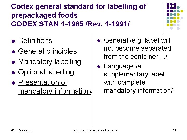 Codex general standard for labelling of prepackaged foods CODEX STAN 1 -1985 /Rev. 1