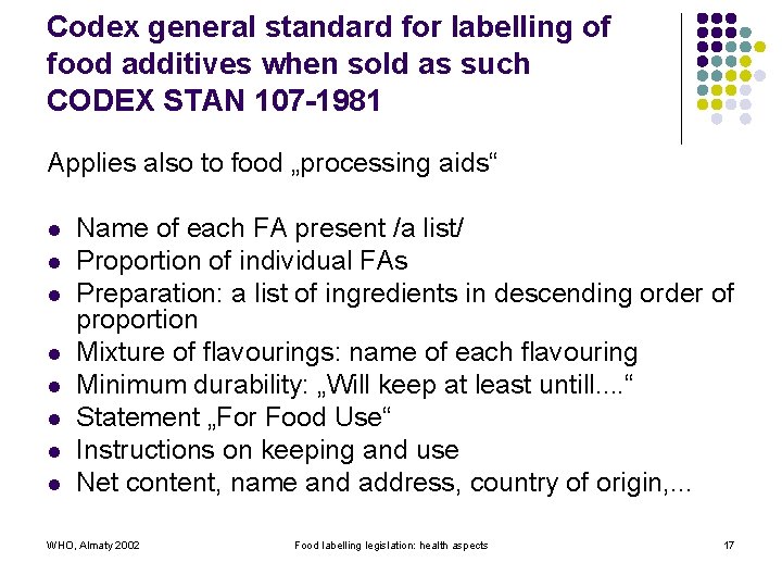 Codex general standard for labelling of food additives when sold as such CODEX STAN