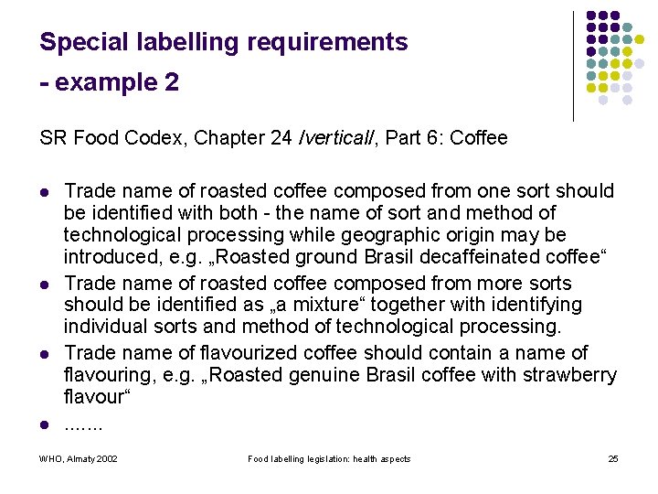 Special labelling requirements - example 2 SR Food Codex, Chapter 24 /vertical/, Part 6: