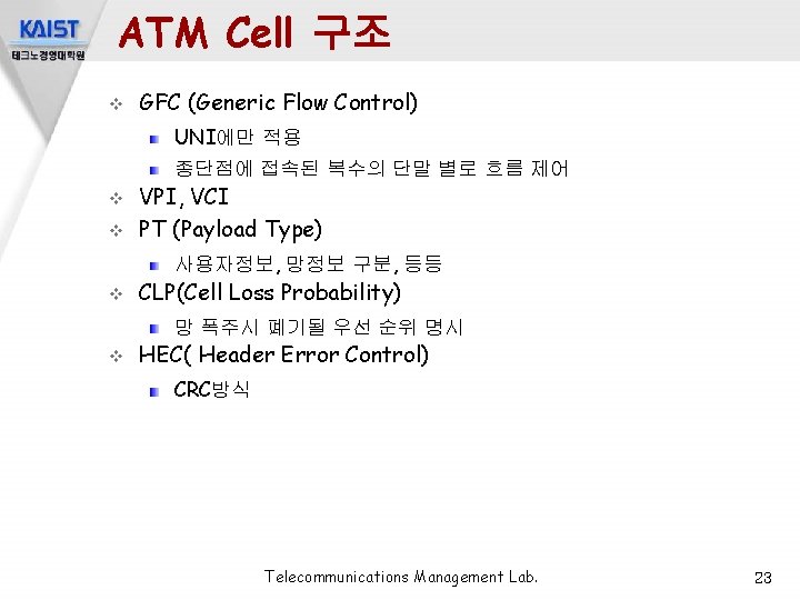 ATM Cell 구조 v GFC (Generic Flow Control) UNI에만 적용 종단점에 접속된 복수의 단말