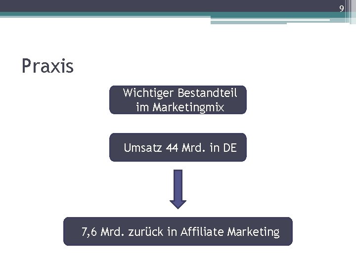 9 Praxis Wichtiger Bestandteil im Marketingmix Umsatz 44 Mrd. in DE 7, 6 Mrd.