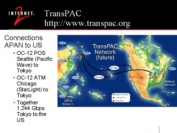 Trans. PAC http: //www. transpac. org Connections APAN to US • OC-12 POS Seattle