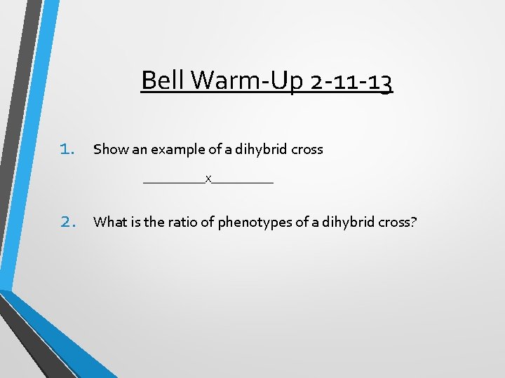 Bell Warm-Up 2 -11 -13 1. Show an example of a dihybrid cross _______X_______ Bell Warm-Up 2 -11 -13 1. Show an example of a dihybrid cross _______X_______