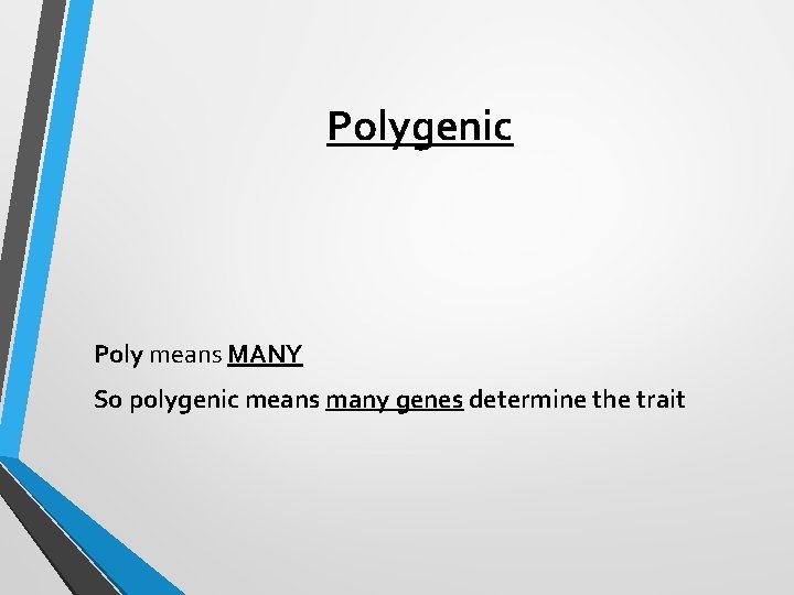 Polygenic Poly means MANY So polygenic means many genes determine the trait Polygenic Poly means MANY So polygenic means many genes determine the trait