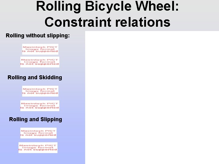 Rolling Bicycle Wheel: Constraint relations Rolling without slipping: Rolling and Skidding Rolling and Slipping