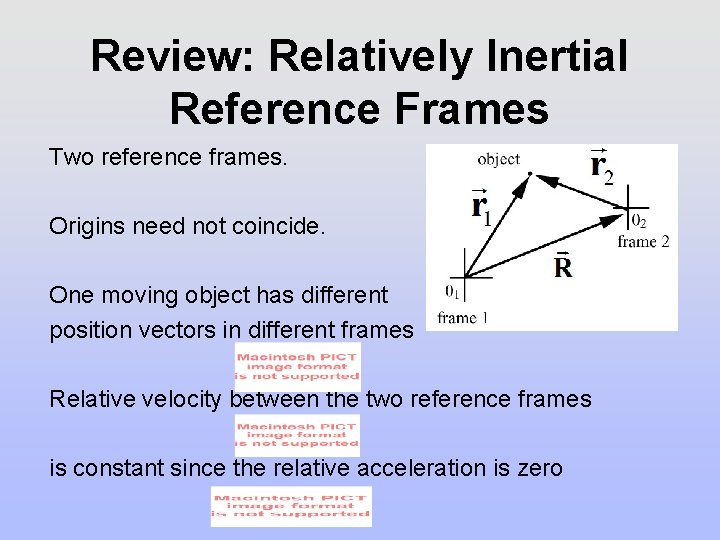 Review: Relatively Inertial Reference Frames Two reference frames. Origins need not coincide. One moving