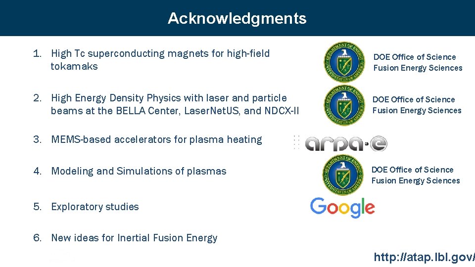 Acknowledgments 1. High Tc superconducting magnets for high-field tokamaks DOE Office of Science Fusion