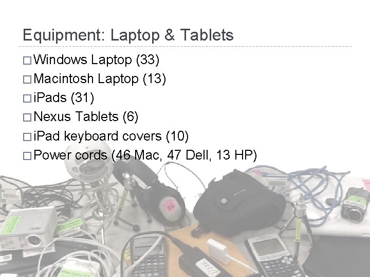 Equipment: Laptop & Tablets � Windows Laptop (33) � Macintosh Laptop (13) � i.