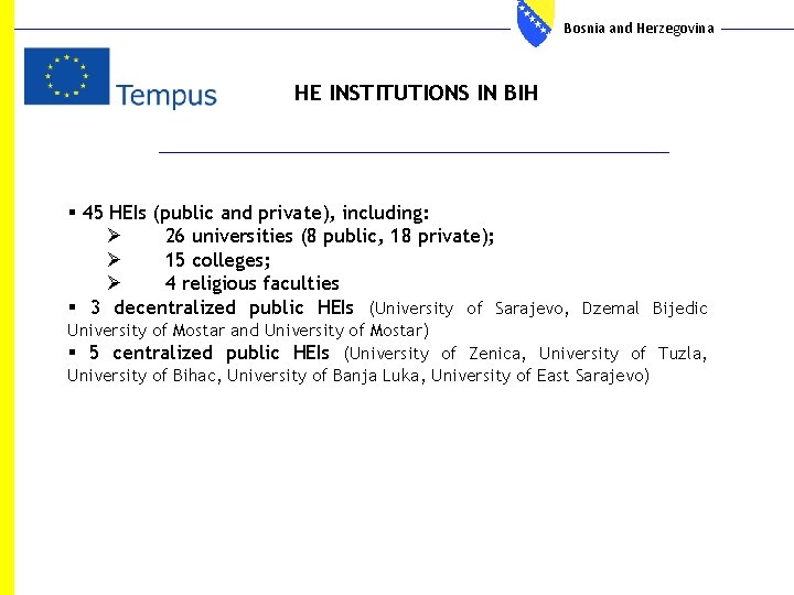 Bosnia and Herzegovina HE INSTITUTIONS IN BIH § 45 HEIs (public and private), including: