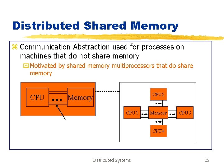 Distributed Shared Memory z Communication Abstraction used for processes on machines that do not