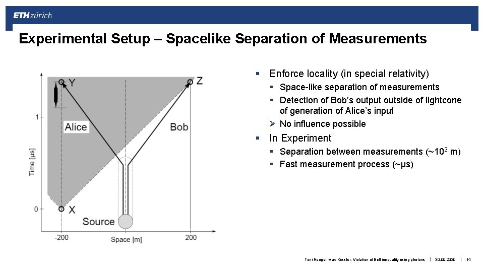 Experimental Setup – Spacelike Separation of Measurements § Enforce locality (in special relativity) §