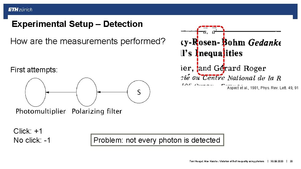 Experimental Setup – Detection How are the measurements performed? First attempts: Aspect et al.