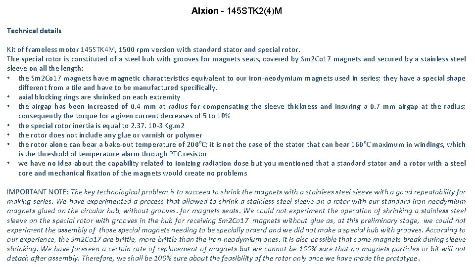 Alxion - 145 STK 2(4)M Technical details Kit of frameless motor 145 STK 4