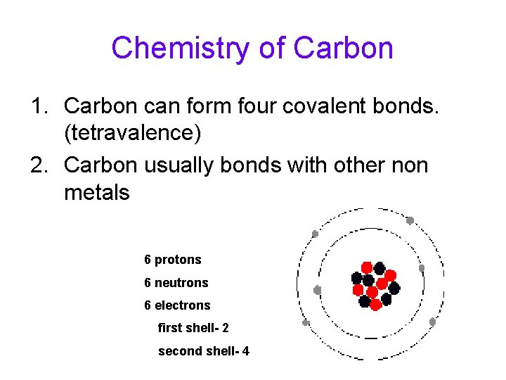 Chemistry of Carbon 1. Carbon can form four covalent bonds. (tetravalence) 2. Carbon usually