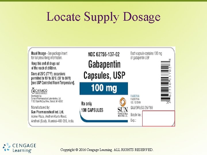 Locate Supply Dosage Copyright © 2016 Cengage Learning. ALL RIGHTS RESERVED. 