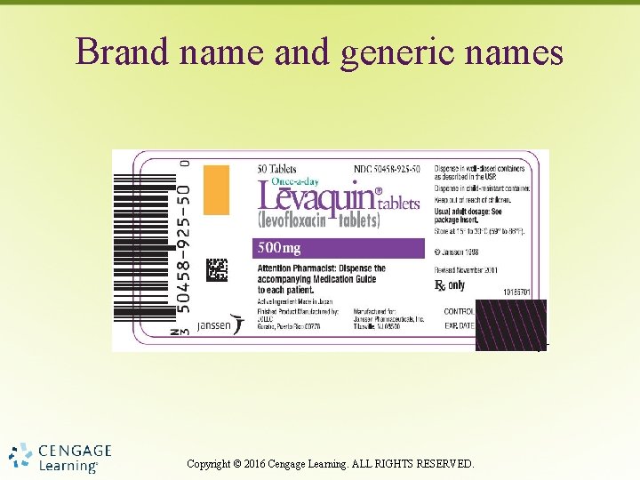 Brand name and generic names Copyright © 2016 Cengage Learning. ALL RIGHTS RESERVED. 