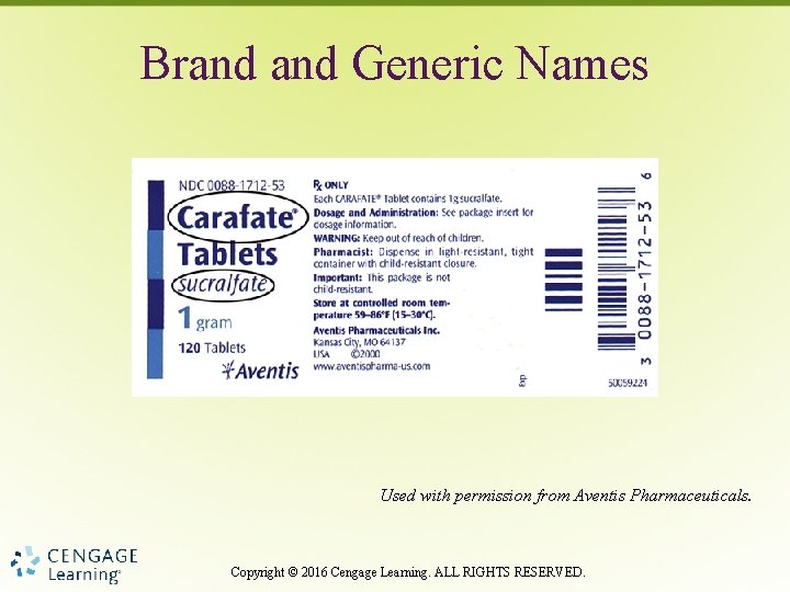 Brand Generic Names Used with permission from Aventis Pharmaceuticals. Copyright © 2016 Cengage Learning.