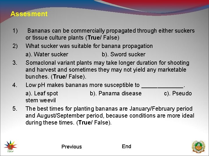 Assesment 1) 2) 3. 4. 5. Bananas can be commercially propagated through either suckers