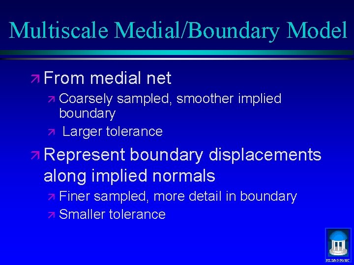 Multiscale Medial/Boundary Model ä From medial net ä Coarsely sampled, smoother implied boundary ä