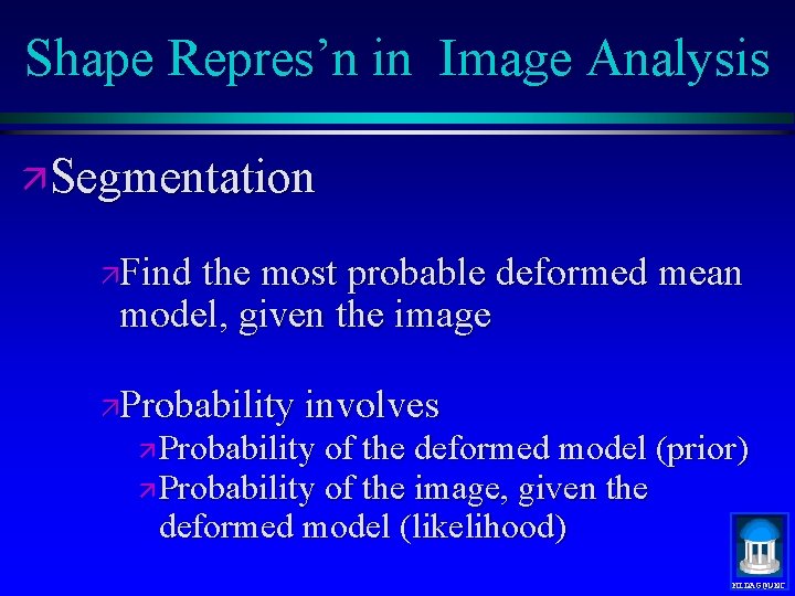 Shape Repres’n in Image Analysis ä Segmentation äFind the most probable deformed mean model,
