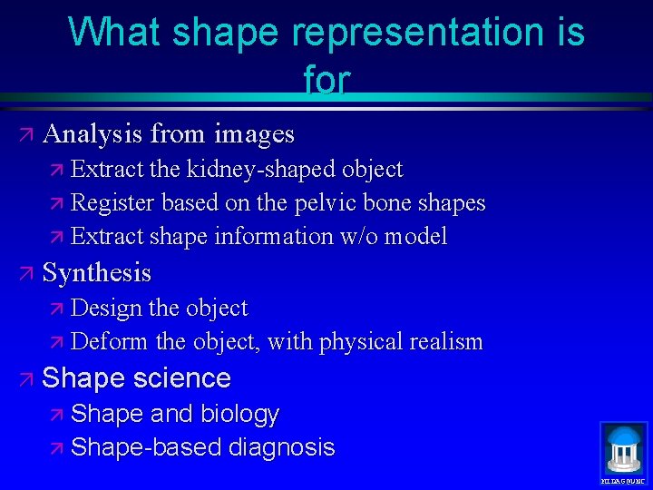 What shape representation is for ä Analysis from images ä Extract the kidney-shaped object