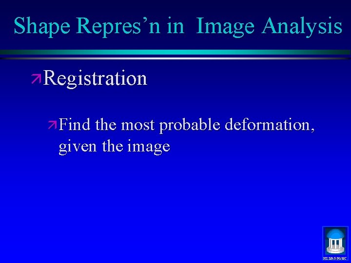Shape Repres’n in Image Analysis ä Registration ä Find the most probable deformation, given