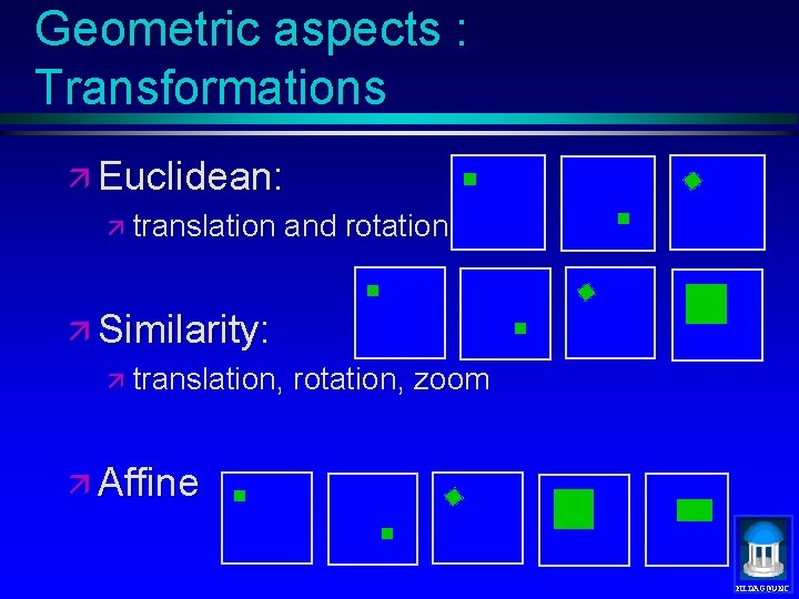 Geometric aspects : Transformations ä Euclidean: ä translation and rotation ä Similarity: ä translation,