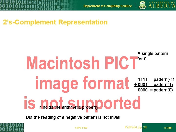 Department of Computing Science 2’s-Complement Representation A single pattern for 0. 1111 pattern(-1) +