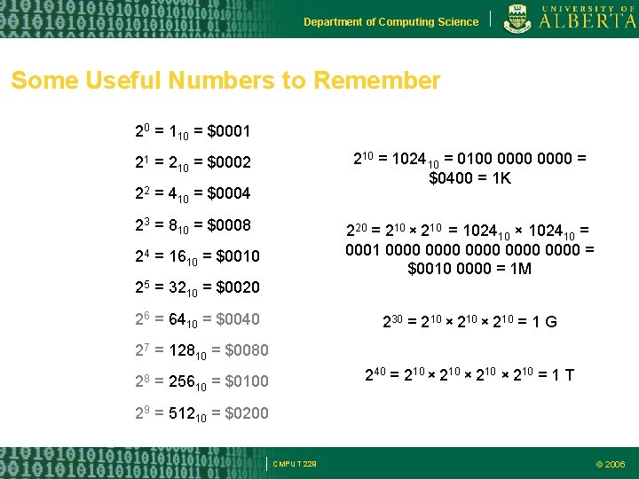 Department of Computing Science Some Useful Numbers to Remember 20 = 110 = $0001