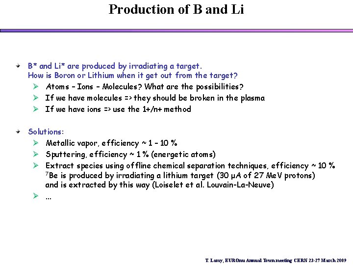 Production of B and Li B* and Li* are produced by irradiating a target.