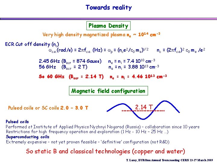 Towards reality Plasma Density Very high density magnetized plasma ne ~ 1014 cm-3 ECR