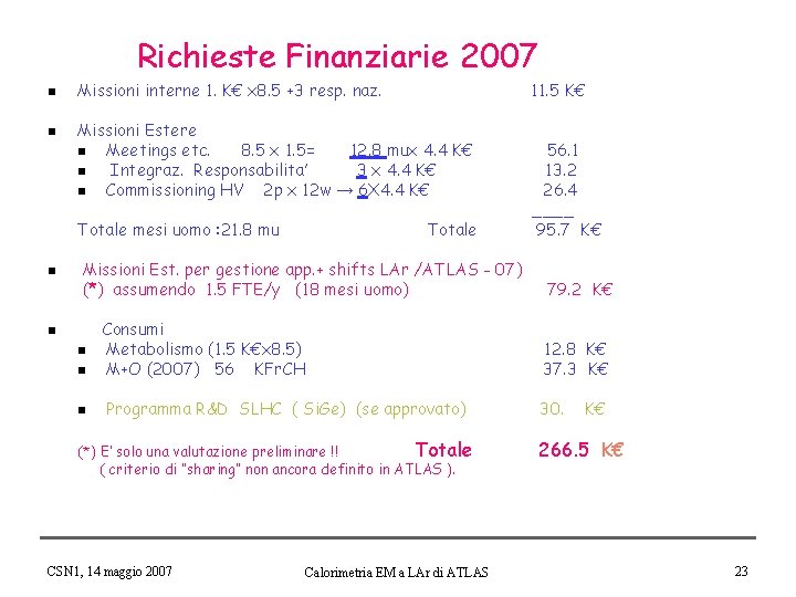 Richieste Finanziarie 2007 n n Missioni interne 1. K€ x 8. 5 +3 resp.